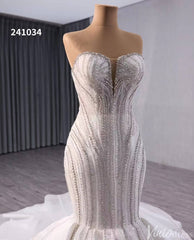 Ivory Beaded Lace Mermaid Wedding Gown Strapless Tiered Bridal Dress 241034