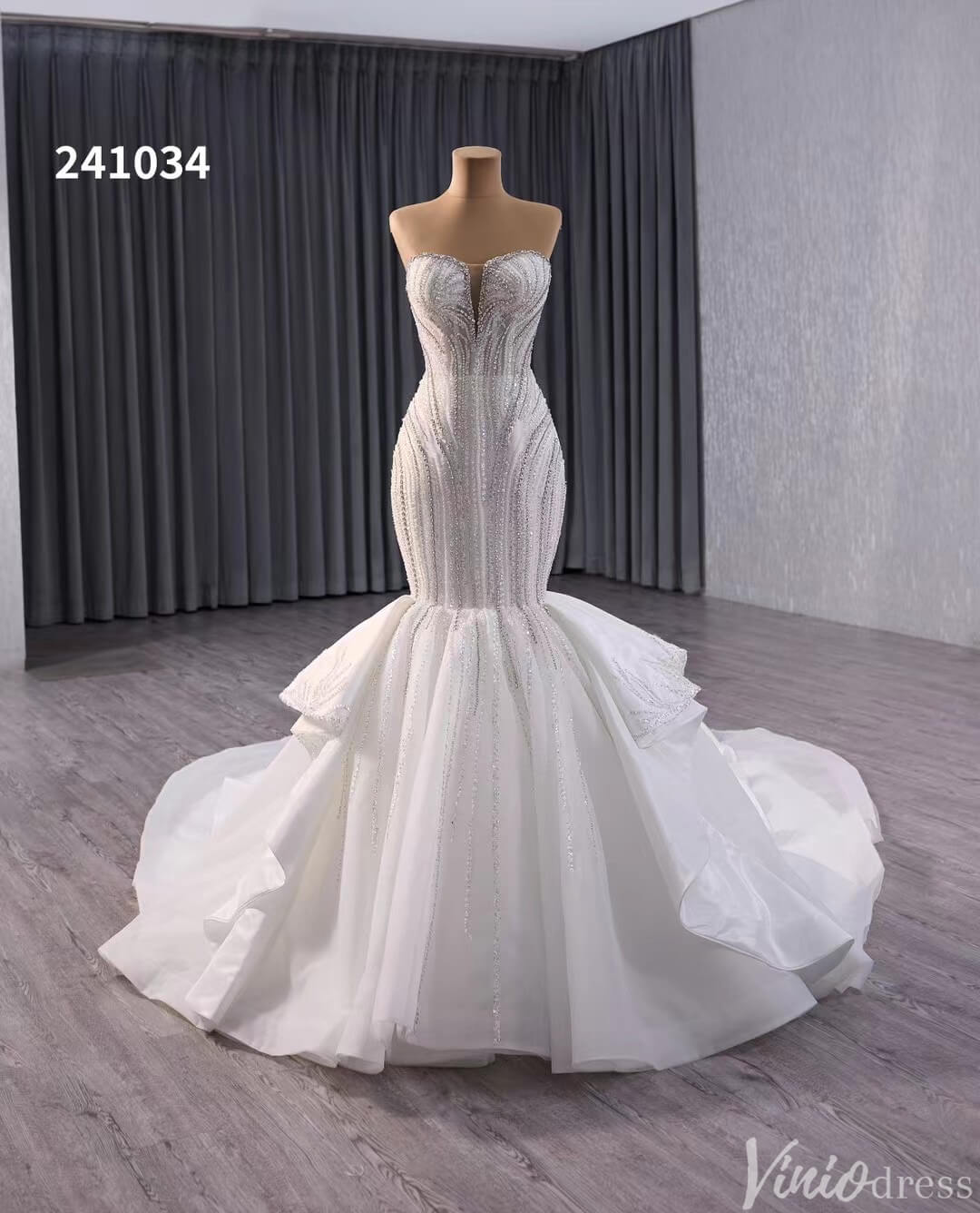 Ivory Beaded Lace Mermaid Wedding Gown Strapless Tiered Bridal Dress 241034