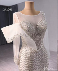 Ivory Beaded Mermaid Wedding Dresses Boat Neck Long Sleeve Pageant Dress 241001