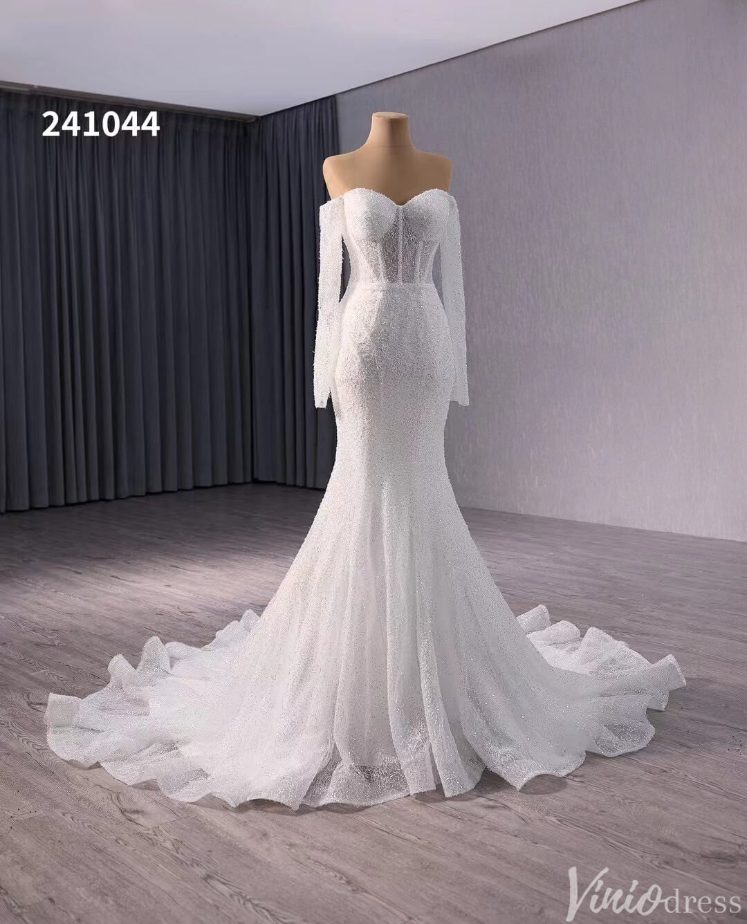 Ivory Beaded Mermaid Wedding Gown Sheer Off the Shoulder Bridal Dress 241044