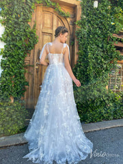 Ivory Butterfly Lace Prom Dresses with Slit Bow Strap Sheer Boned Bodice TO001