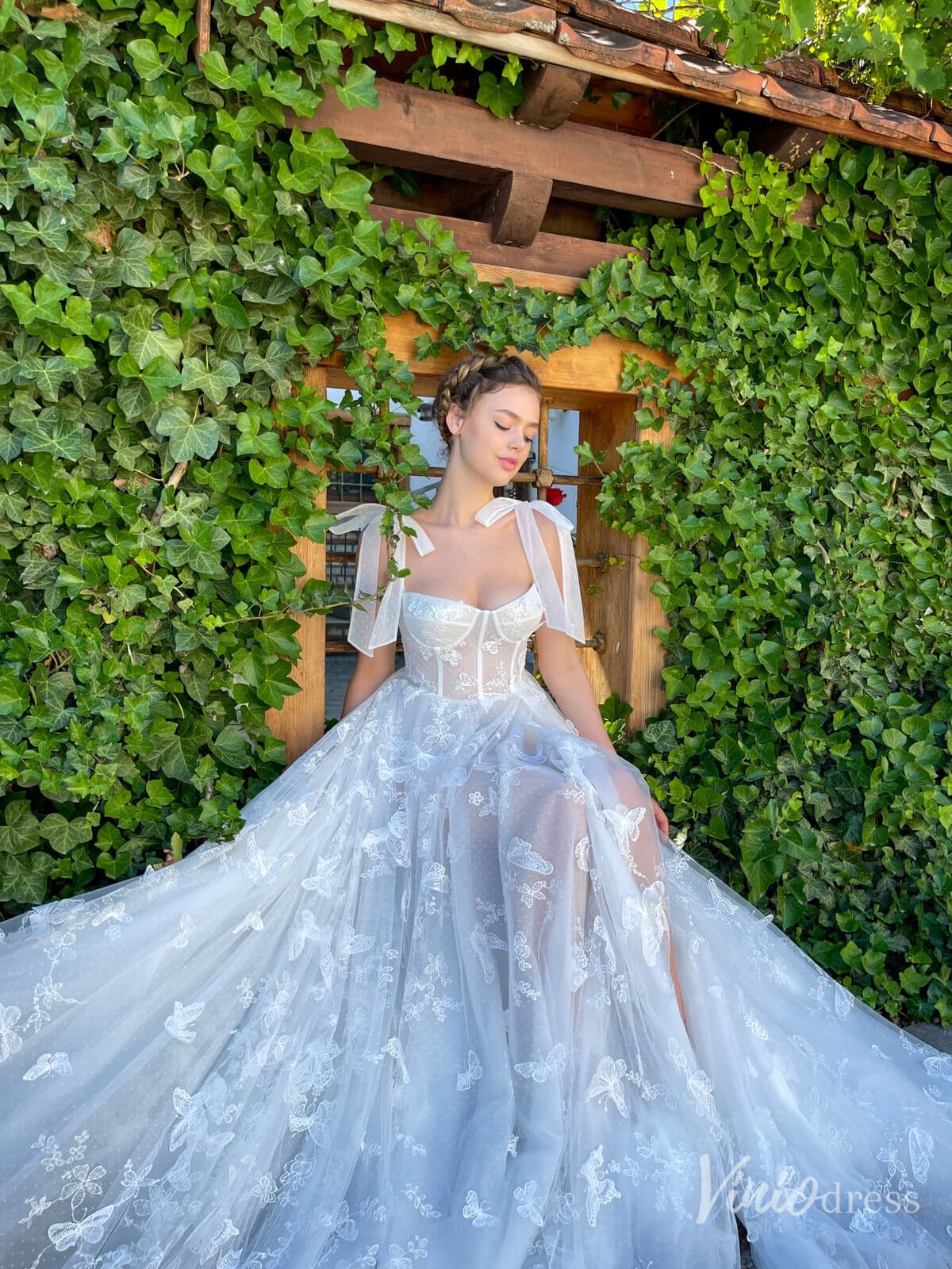 Ivory Butterfly Lace Prom Dresses with Slit Bow Strap Sheer Boned Bodice TO001
