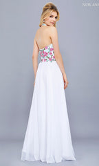 Long Halter Prom Dress with Embroidered Bodice