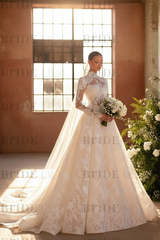 Elegant High Neck Long Sleeves  A-Line Appliques Lace Wedding Dress