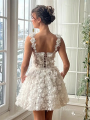 Ivory Floral Tulle Short Prom Dresses with 3D Flowers - Cute Homecoming Dress - TO0016