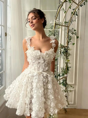 Ivory Floral Tulle Short Prom Dresses with 3D Flowers - Cute Homecoming Dress - TO0016