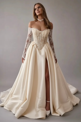Gorgeous Off-the-Shoulder Satin Aline Wedding Dresses Front Split Long Sleeves Bridal Gown