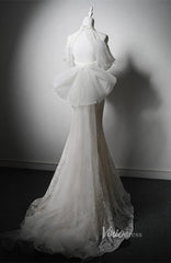 Ivory Lace Applique Boho Wedding Dresses High Neck Open Back Prom Dresses AD1201