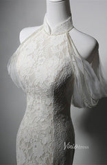 Ivory Lace Applique Boho Wedding Dresses High Neck Open Back Prom Dresses AD1201