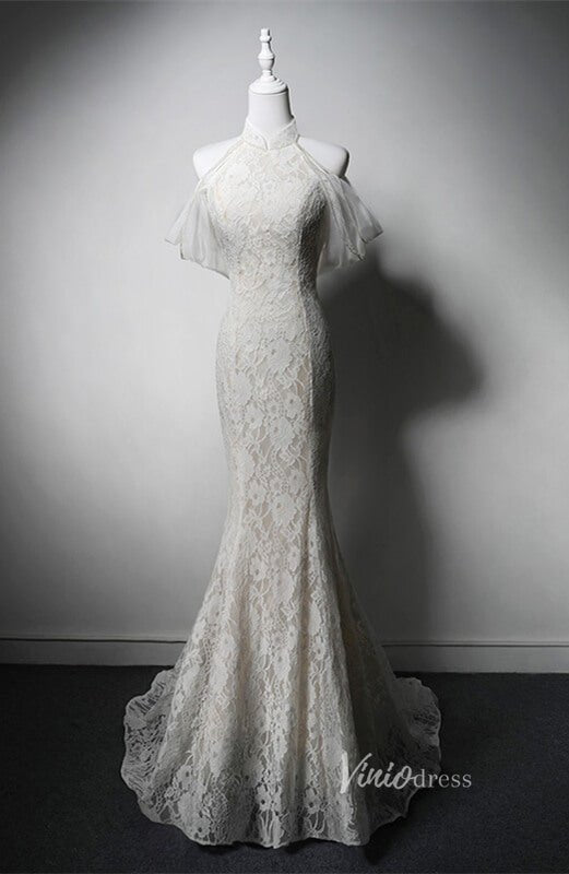 Ivory Lace Applique Boho Wedding Dresses High Neck Open Back Prom Dresses AD1201