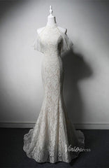 Ivory Lace Applique Boho Wedding Dresses High Neck Open Back Prom Dresses AD1201