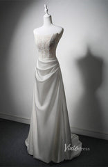 Ivory Lace Applique Boho Wedding Dresses Strapless Satin Prom Dresses AD1202