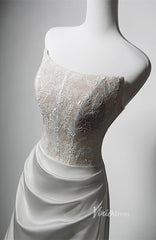 Ivory Lace Applique Boho Wedding Dresses Strapless Satin Prom Dresses AD1202