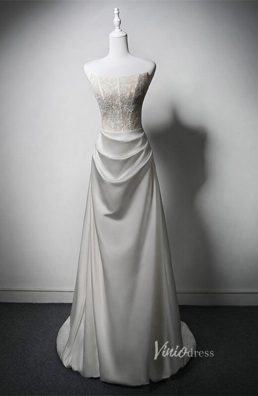 Ivory Lace Applique Boho Wedding Dresses Strapless Satin Prom Dresses AD1202