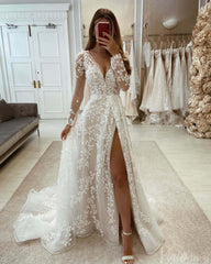 Ivory Lace Applique Long Sleeve Wedding Dresses with Slit Rustic V-Neck Bridal Gown VW2171