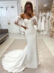 Ivory Lace Applique Mermaid Wedding Dresses Removable Sleeve Rustic Bridal Gown VW2170