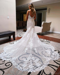 Ivory Lace Applique Mermaid Wedding Dresses Spaghetti Strap Chapel Train Bridal Gown VW2164