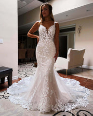 Ivory Lace Applique Mermaid Wedding Dresses Spaghetti Strap Chapel Train Bridal Gown VW2164