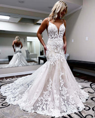Ivory Lace Applique Mermaid Wedding Dresses Spaghetti Strap V-Neck Bridal Gown VW2165
