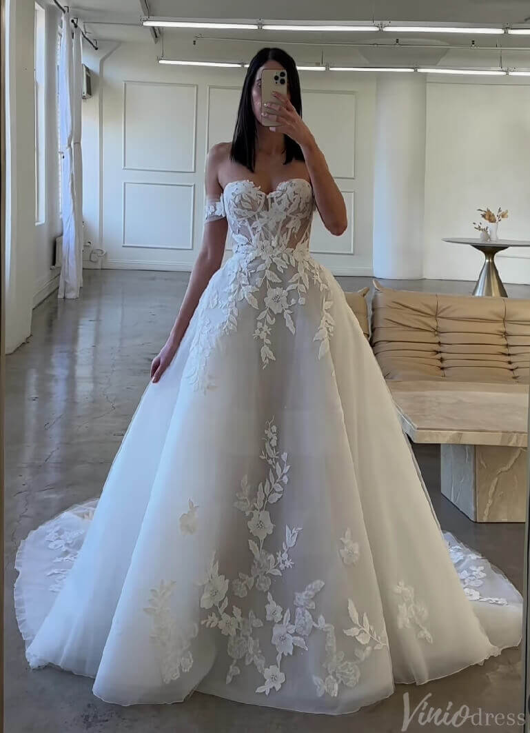 Ivory Lace Applique Outdoor Wedding Dresses Off the Shoulder Bridal Gown AW1034