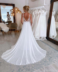 Ivory Lace Applique Rustic Wedding Dresses Chiffon Country Bridal Gown AW1011