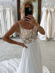 Ivory Lace Applique Rustic Wedding Dresses Chiffon Country Bridal Gown AW1011