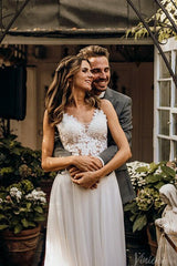 Ivory Lace Applique Rustic Wedding Dresses V-Neck Country Bridal Gown VW2153