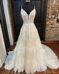 Ivory Lace Applique Spaghetti Strap Wedding Dresses V-Neck Chapel Train Bridal Gown VW2166