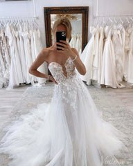 Ivory Lace Applique Sparkly Tulle Wedding Dresses Sweetheart Bridal Gown AW1005