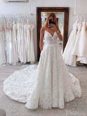 Ivory Lace Applique Wedding Dresses with Pockets Spaghetti Strap Bridal Gown AW1015