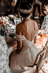 A-line Lace Off The Shoulder Backless Chiffon Split Ivory Wedding Dresses