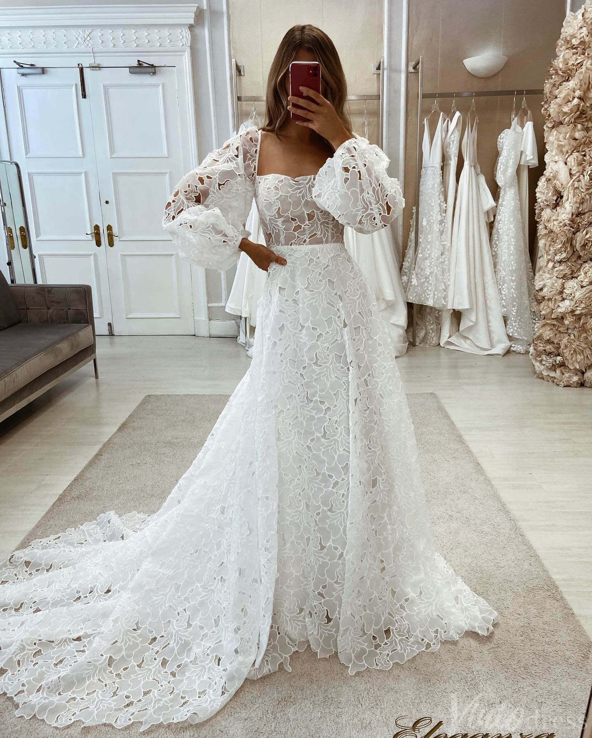 Ivory Lace Sheer Wedding Dresses Long Sleeve Rustic Bridal Gown VW2173