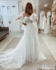 Ivory Lace Sheer Wedding Dresses Long Sleeve Rustic Bridal Gown VW2173
