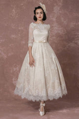 Vintage Champagne Lace Wedding Dress Bateau Neck Half Sleeve Tea Length Bridal Gown