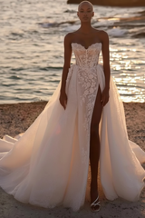 Strapless Aline Bridal Dress Lace Appliques Beach Wedding Dress with Front Split
