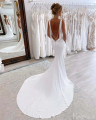 Ivory Mermaid V-Neck Wedding Dresses Satin Chapel Train Bridal Gown AW1003