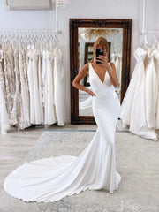 Ivory Mermaid V-Neck Wedding Dresses Satin Chapel Train Bridal Gown AW1003