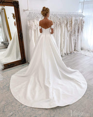 Ivory Off the Shoulder Wedding Dresses with Chapel Train Satin Bridal Gown AW1018
