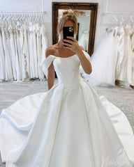 Ivory Off the Shoulder Wedding Dresses with Chapel Train Satin Bridal Gown AW1018