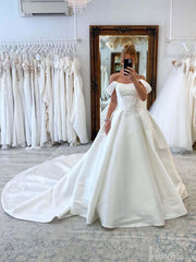 Ivory Off the Shoulder Wedding Dresses with Chapel Train Satin Bridal Gown AW1018
