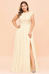 Plus Size Bridesmaid Dress Lace with Split Cap Sleeves Chiffon Wedding Guest Dress