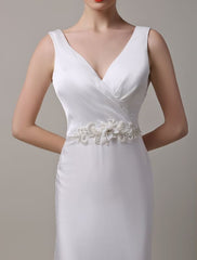Ivory Satin Deep V-Neck And Cowlback With Embellished Sash Wedding Dress