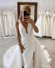 Ivory Satin Outdoor Wedding Dresses with Slit Overskirt V-Neck Country Bridal Gown AW1009