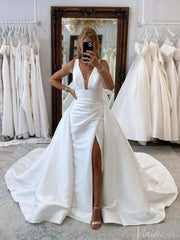 Ivory Satin Outdoor Wedding Dresses with Slit Overskirt V-Neck Country Bridal Gown AW1009