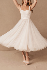 White Short Bridal Dress A-Line Sweetheart Pearls Tea Length Wedding Dress Spaghetti Straps