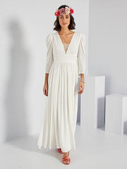 Ivory Simple Wedding Dress A-Line V-Neck Long Sleeves Pleated Floor-Length Chiffon Bridal Dresses