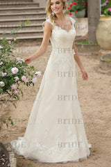Simple Wedding Dress A Line V Neck Sleeveless Sash Bridal Gowns With Train