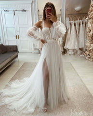 Ivory Spaghetti Strap Sheer Wedding Dresses with Slit Removable Puffed Sleeve Bridal Gown VW2173