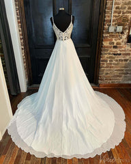 Ivory Spaghetti Strap V-Neck Wedding Dresses Chiffon Country Bridal Gown VW2161