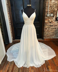 Ivory Spaghetti Strap V-Neck Wedding Dresses Chiffon Country Bridal Gown VW2161